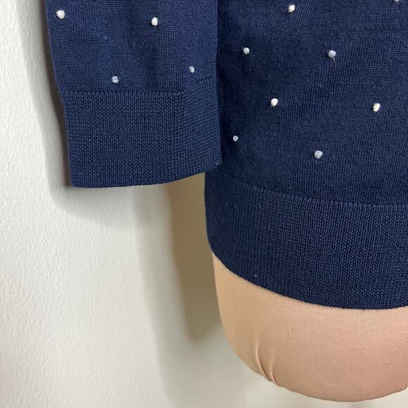 J.Crew Wool Sweater Medium Womens Navy Blue Embroidered Polka Dot Knit Keyhole - Picture 4 of 9